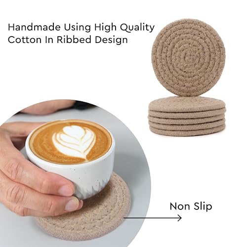 Image of Encasa XO Drink Coasters Set of 6 | Beige with Round (9 cm) | Handcrafted Ribbed Cotton | Absorbent & Heat-Resistant | Use for Tea, Coffee Table & Desk