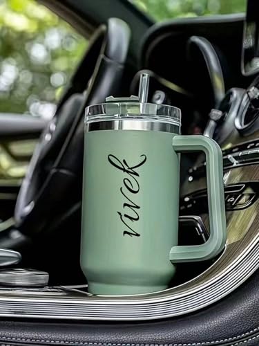 Image of Zephorus Personalized Stainless Steel Tumbler with Handle, 1200ml Capacity, Black Insulated Travel Mug with Straw, Custom Name Design (Green)