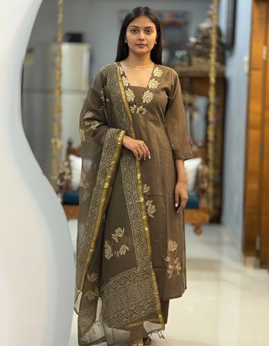 Image of ANNI Designer Women's Rayon Viscose Straight fit Printed Embroidered Kurta with Pant & Dupatta | Ethnic Kurta Set for Women | Daily, Office & Festive Traditional