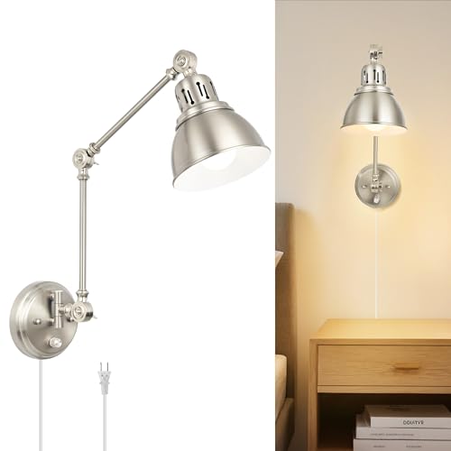 Image of 1 Pack Plug in Wall Sconce, Dimmable On Off Switch, Swing Arm Wall Lamp, Brushed Nickel Metal Industrial, Plug in Wall Light (Brushed Nickel, Without Bulb+Remote)