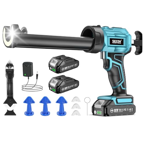 SEESII Cordless Caulking Gun, 21V Battery Powered Caulk Gun, Electric Caulking Gun w/2 x 2.0Ah Batteries, 9Pcs Caulk Remover Tool, LED Light, Auto Retract for Filling, Sealing