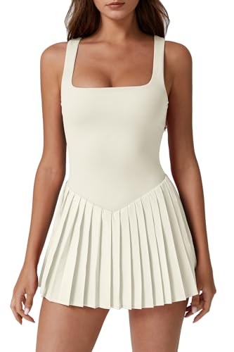 Image of QINSEN Womens Square Neck Tennis Dress Pleated Sleeveless Built in Shorts Golf Athletic Dress with Pockets