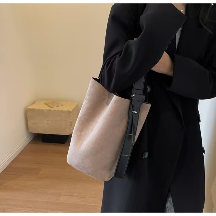 Image of Women Suede Bucket Shoulder Bag Fashion Vegan Leather Slouchy Hobo Bag Office Tote Handbag Crossbody Designer Purse