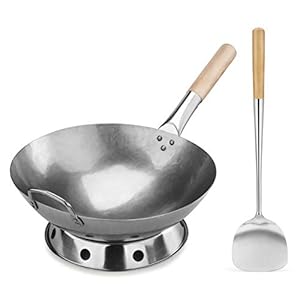 New Star Foodservice 1028720 Carbon Steel Pow Wok Set with Wood and Steel Helper Handle, Hand Hammered, Includes 14″ Round Bottom Wok, Wok Rack/Ring, and Spatula (Hand Wash Recomended)