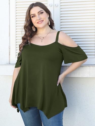 Image of LARACE Cold Shoulder Tops for Womens Summer Clothes Spaghetti Strape Tunic Oversized Shirts Asymmetrical Plus Size Blouse