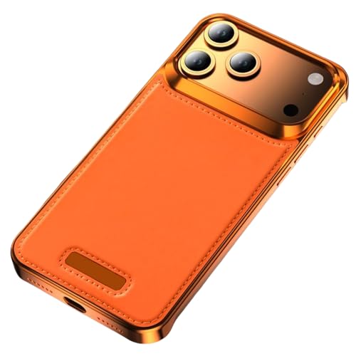 Funda sin marco para iPhone 17 Pro, compatible con MagSafe, bisel de metal de aluminio, diseño de parte trasera de cuero de lujo, elegante, minimalista, anticaídas, antiarañazos, color naranja