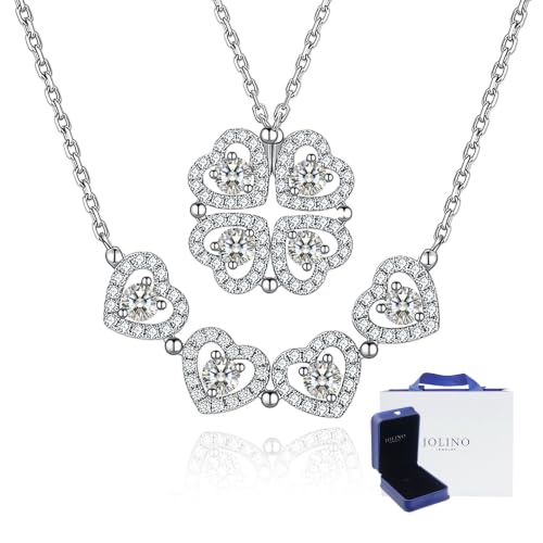 JOLINO 2-in-1 Moissanite Clover Heart Necklace for Women Dual Mode Moissanite Necklace 0.3CT*4 Heart Pendant Transforms to Four Leaf Clover Charm 925 Sterling Silver 18K White Gold Plated Gifts for Valentines Day New Year Birthdays Anniversaries One Necklace Two Wearing Methods (Silver)