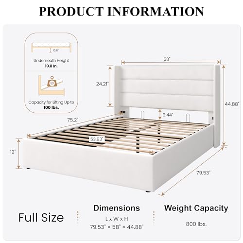 SHA CERLIN Full Size Lift Up Storage Bed/Velvet Upholstered/Modern Wingback Headboard/Upholstered Platform Bed Frame/Hydraulic Storage/No Box Spring Needed/White