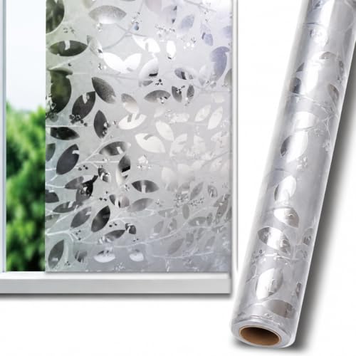 Image of Self Adhesive Window Privacy Film for Glass Windows & Doors | UV Blocking, Heat & Glare Reduction | Decorative Frosted Glass Film Easy to Apply (Frosted Silver Leaf Design, 12X26 Inch)