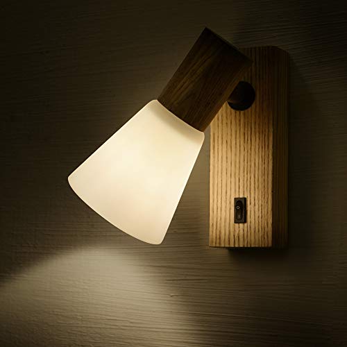 Ouglres Vintage Wooden Wall Light with Switch, White Glass Lampshade, Rotatable, Industrial Design Bedside Lamp, Living Room - Image 4