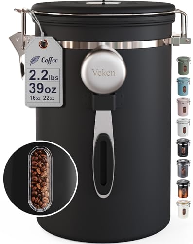 Veken Large Coffee Canister with Window, Kitchen Food Storage Airtight Stainless Steel Container for 2.2lbs Coffee Beans, Grounds, Rice,Tea, Flour, Cereal, Sugar Jars,Date Tracker and Scoop 39oz,Black