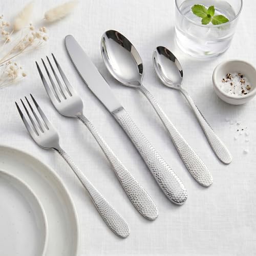 Image of Hammered Sterling Silver Silverware Set | 5-Piece Premium Stainless Steel Flatware Set | Dishwasher Safe Cutlery Set for Home, Restaurant & Gifting