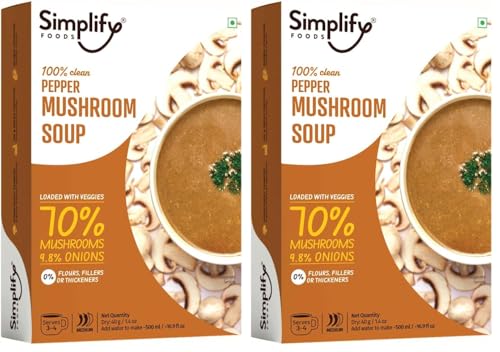 Image of Simplify Foods Pepper Mushroom Instant Soup | Made with 70% Real Mushroom | Pack of 2 (Makes 500ml) | Just Add Hot Water | No Cooking Required | Clean Label | 0% Additives or Preservatives
