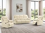 SC Furniture Ltd Cream Ivory Leather Manual Reclining 3 Seater Sofa + 2 Leather Manual Recliner Armchairs Suite FUSION