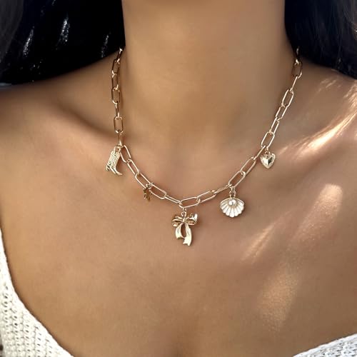 RINHOO Charm Necklace for Women 14K Gold Plated Shell Starfish Bow Pendant Necklace Summer Beach Paperclip Chain Jewelry Gifts (Style 1) - image 3