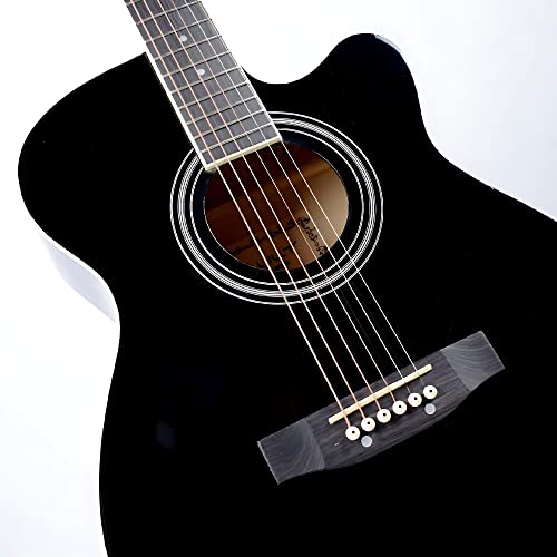 Image of VAULT EA20 Basswood Guitar Kit With Learn To Play Ebook, Bag, Strings, Straps, Picks, String Winder & Polishing Cloth - 40 Inch Cutaway Acoustic Guitar Black