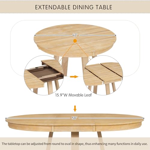 Image of Bellemave 5-Piece Dining Table Set, Extendable Round Dining Table with 16 inch Removable Leaf, 4 Upholstered Button Tufted Chairs, Acacia Veneer Tabletop (Natural)