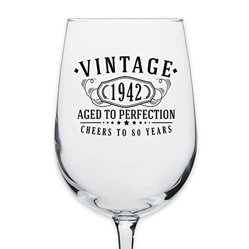 vintage glasses 80 - Vintage 1942 Printed 16oz Anniversary Stemmed Wine Glass - 80th Birthday Aged to Perfection - 80 years old gifts