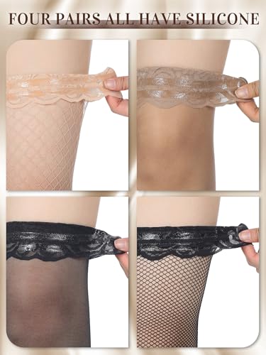 Image of Bencailor 4 /6 /12 Pairs Fishnet Thigh High Stocking for Women Silicone Lace Top Sheer Over Knee Stockings