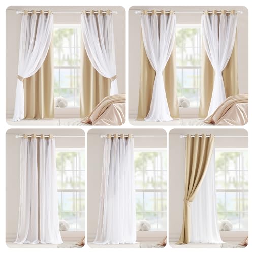 Image of PONY DANCE 2 Layers Curtains Set, 52 inch Wide and 90 inch Long,Biscotti Beige | Room Darkening Mix & Match Room Darkening Curtains with White Sheer Voile, 2 Panels