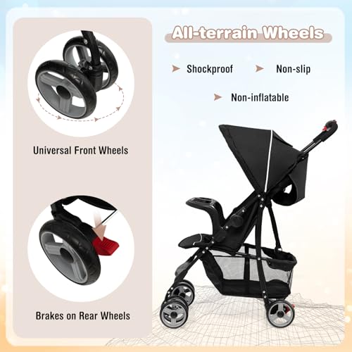 Baby Joy Lightweight Stroller, Compact Toddler Travel Stroller for Airplane, Infant Stroller w/Adjustable Backrest/Footrest/Canopy, 5-Point Harness, Storage Basket, Easy One-Hand Fold, Black