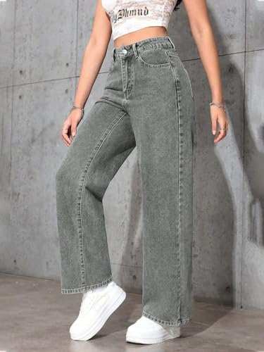 Image of KOTTY Women's High Rise Wide Leg Jeans|Cotton Blend Straight Fit Denim|Trendy Comfortable Casual Wear