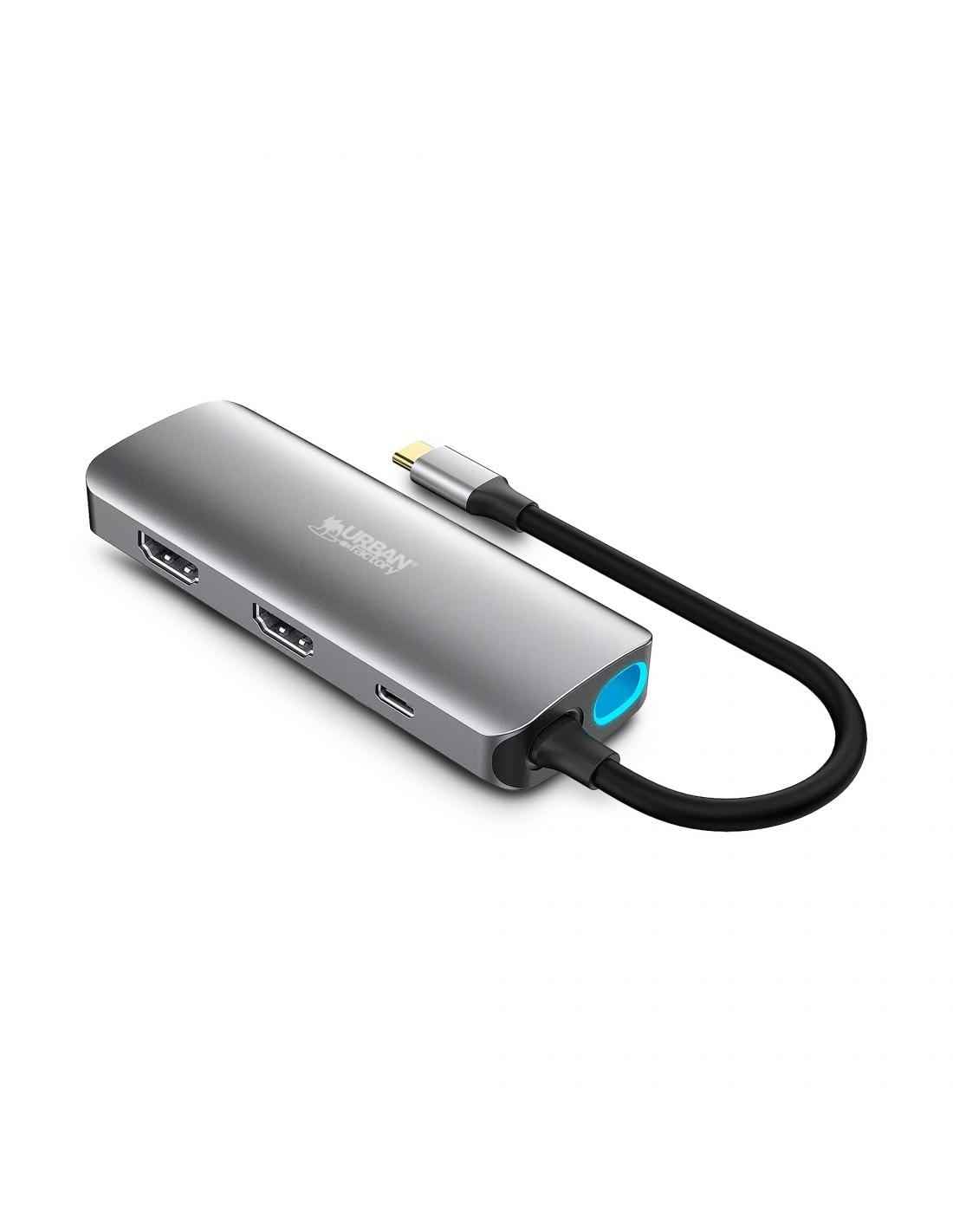 Urban Factory HUBEE Hub USB-C 7 en 1 – 2 HDMI 4K 30Hz, 3 USB-A 3.0, Ethernet RJ45 1Gbps, USB-C Power Delivery 100W, Adaptateur Multiport PC Mac Laptop