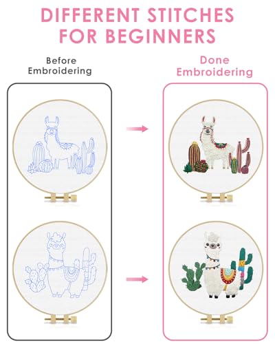 Image of TINDTOP Embroidery Kit for Adult Beginners, Embroidery DIY Starter Kit | 2 Pack with Alpaca Stamped Patterns, Hoop, Tools, Colorful Threads with Needles, Instructions
