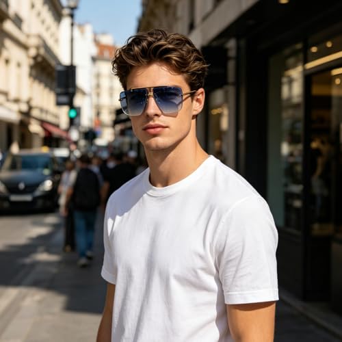 Image of Rimless Oversized Square Sunglasses for Men Trendy Fashion Big Shades Tinted Lens Gold Metal Frameless Glasses UV400