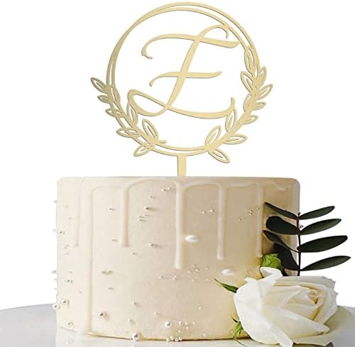 Vinisong Personalized Initial Letter E Golden Cake Topper Wooden Cake Decoration Wreath Cake Topper Perfect for Birthday Rustic Wedding Anniversary Keepsake Party Decoration