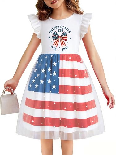 Image of Girls 4th of July Dress American Patriotic Outfit USA Independence Day Clothes Flutter Sleeve Tulle Tutu Dress 5-14y