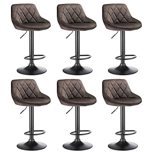 Drumm Lot de 6 Tabourets de Bar,Chaises Cuisine avec Pied Chromé,Vintage Chaises de Bar Industriel en Velours,Pivotant à 360°,Repose-Pieds et Dossier(Brun-6)