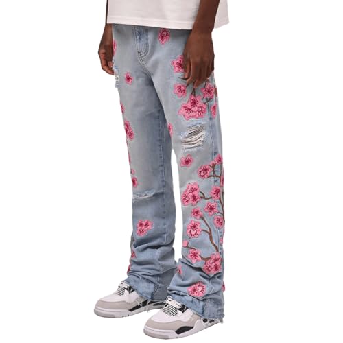 Men's Baggy Jeans Mid Rise Floral Embroidery Ripped Bootcut Jeans Straight Leg Denim Pants Hip Hop Streetwear Trousers