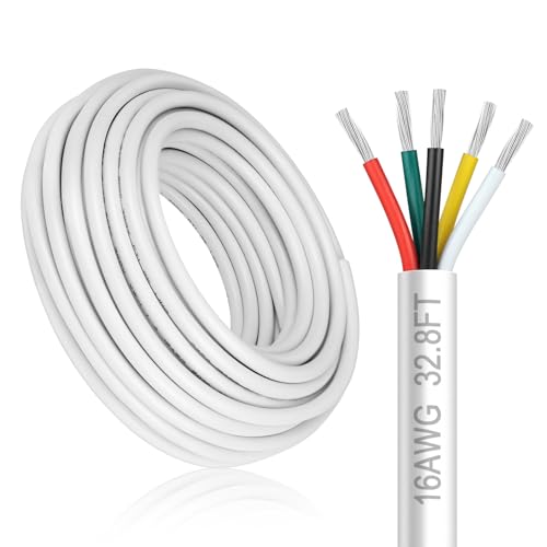 16 Gauge 5 Conductor Electrical Wire, 32.8FT White Stranded Low Voltage 16/5 Cable PVC Case, 16 AWG Tinned Copper 5 Wire Cable Extension Power Cord for Strips LED Lamp Lighting Automotive