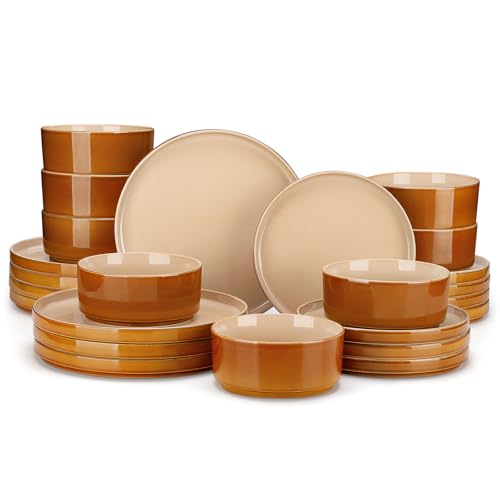 Image of vancasso ONION Ceramic Plates and Bowls Sets, 24 Pieces Brown Dinnerware Sets for Kitchen, Reactive Glaze Dishes Set for 8, Dishwasher and Microwave Safe