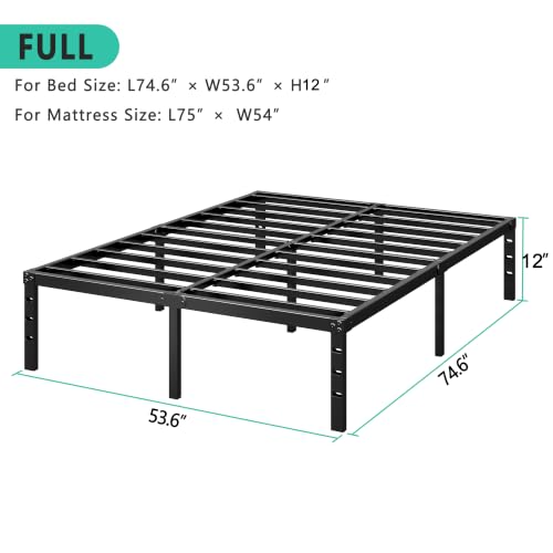 Image of HLIPHA Metal Platform Bed Frame 12 Inch Tall,No Box Spring Needed,Full Size Bed with Heavy Duty Strong Support Slats,Easy to Assemble,Black