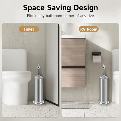 Image of Silver Toilet Brush and Holder,Extra Long Handled Toilet Brush for Bathroom,Stainless Steel Heavy Duty Toilet Bowl Brush,Deep Cleaning Modern Toilet Cleaner Brush -Space Saving, Covered Brush