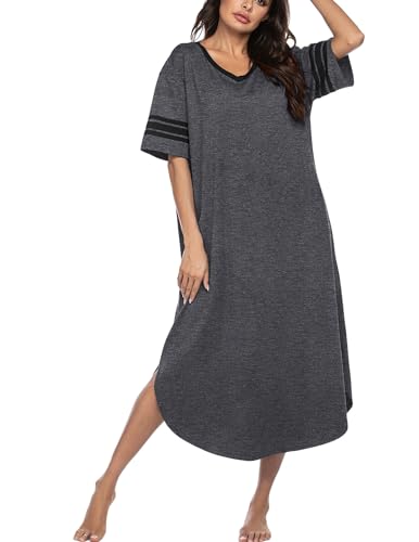 Image of Ekouaer Long Nightgown, Womens V Neck Loungewear Oversized Sleepwear Loose Sleep Dress S-4XL