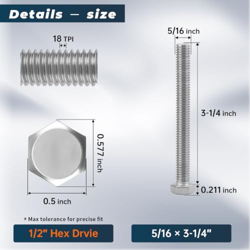 Image of 8 Sets Glvaner 5 /16-18 x 3-1 /4 inch Stainless Steel Hex Head Screws Bolts, Nuts, Flat & Lock Washers, 18-8 (304) Stainless Steel, Full Thread, Coarse Thread