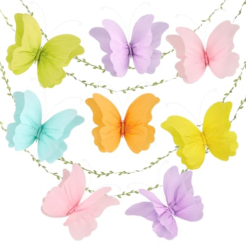 OBBOLO 3D Hanging Butterfly Decorations, Colorful Butterfly Birthday Party Decorations, 8 Pcs Paper Butterfly Hanging Decorations with Green Leaf Strings for Girls, Women, Flower Garden Party Decor