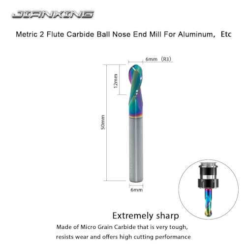 Image of 6mm R3 DLC Coated 2-Flute Carbide Ball Nose End Mill, Ideal for Aluminum, Copper Alloys, and Plastic Machining - High Precision & Wear-Resistant Cutting Tool (3 Pack)
