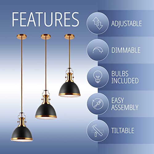 Image of JONATHAN Y Homer Industrial Dome Pendant 10 inch, Black /Brass Gold | 1-Light, Farmhouse Style, Adjustable Hanging Height, Glass Diffuser, Sloped Ceiling Compatible, Metal, LED Bulb Included