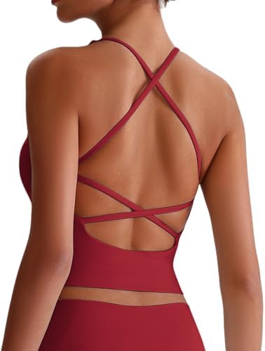ABOCIW Womens Cross Back Workout Crop Tank with Built in Bra V Ne...