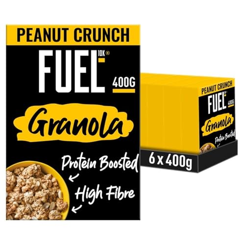 FUEL10K Protein Boosted, Chunky Granola, Peanut Loaded, 6 x 400 Gram Box - High Fibre, Vitamin Boosted Vegan Cereal with Roasted Peanuts & Whole Grain Oat Flakes