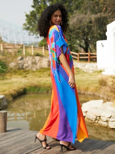 Image of IMAGEKOPE Kaftan Dresses for Women Plus Size Bathing Suit Cover up Vneck Batwing Dress Loose fit Moroccan Caftan mumu Dresses