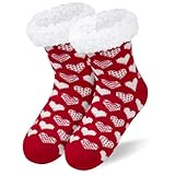 yeabwps Women Slipper Socks Red Heart Fuzzy Sock with Grips Winter Thick Warm Fleece Lined Grippers Socks