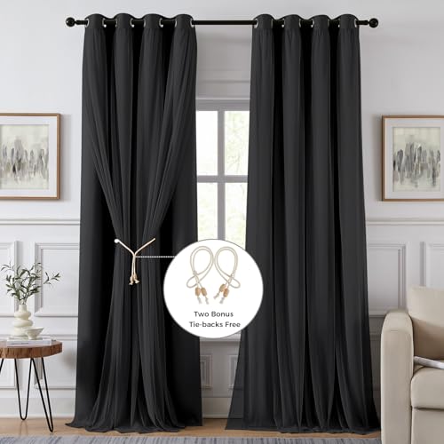 Image of 100% Blackout Curtains for Bedroom, Double Layer Black Curtains, Black Out Curtain 90 inch Long with Sheer Overlay for Living Room, Room Darkening Window Drapes with Grommet, 52 inch W x 90 inch L