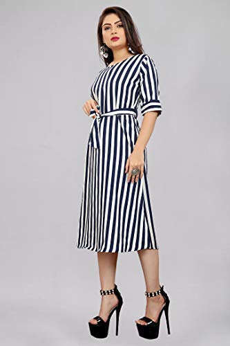 Image of AA Creation Women's Casual Crepe Striped Short Fit and Flare Western Dress (129, S, White Blue Striped One Piece)