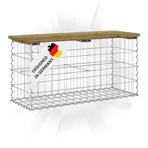 DELUKE Gartenbank Gabionen BIKS aus Stahl | 83x31,5x42cm Kiefernholz Braun | Gabionenbank Gartentisch aus Gabionen Steinkorb Gabionengitter Ziergabione Drahtkorb befüllbar