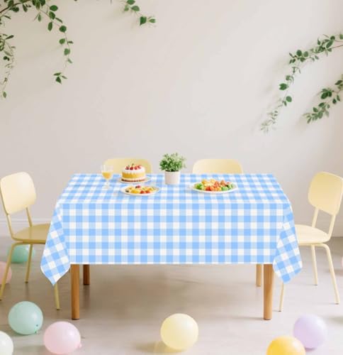 Image of SietDESEO 6 Pack Light Blue Gingham Tablecloth Rectangle 54 x 108 Blue and White Checkered Table Cloth Disposable Plaid Table Cover Plastic for Birthday Baby Shower Picnic Wedding Party Supplies